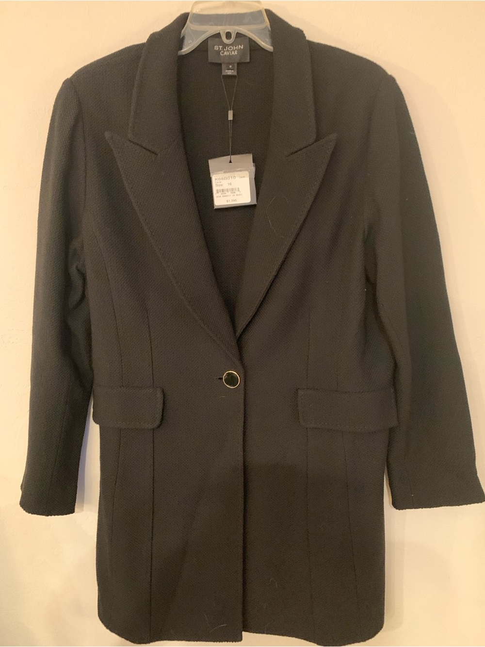St. John Caviar Black Wool Single-Button Coat Long Sleeve 16 NWT retails $1,395
